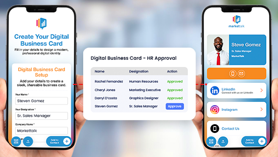 Digital business card request form connected to HR approval dashboard and approved employee card preview