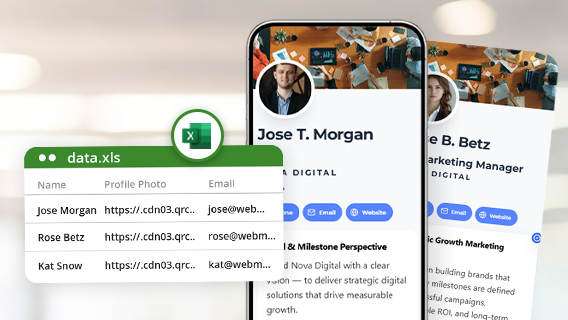 Spreadsheet file with employee data next to multiple digital business card previews