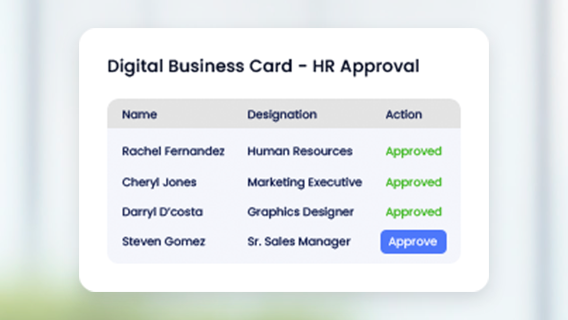 HR approval dashboard showing employee names, designations, and card approval status