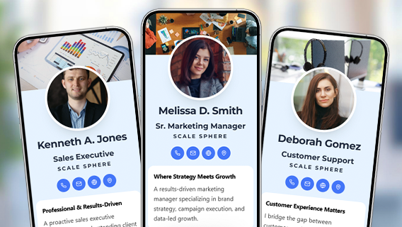 Three smartphones displaying team profile templates with consistent branding.