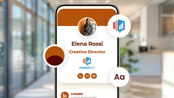 Smartphone displaying a branded digital business card with logo, custom colors, and contact icons.