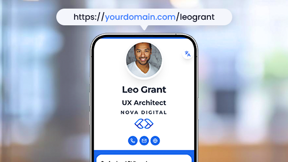 Smartphone showing a digital profile with a custom domain URL at the top.