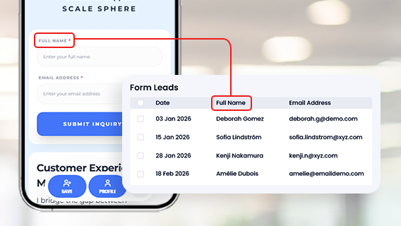 Form fields mapped to CRM lead columns including full name and email address
