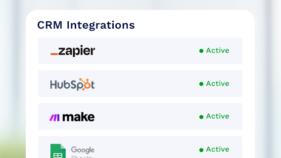 CRM integrations list showing Zapier, HubSpot, Make, and Google Sheets as active