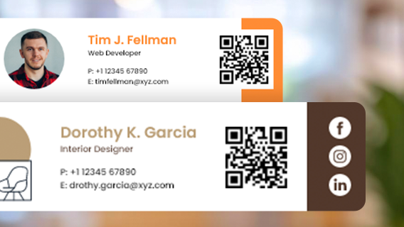 Two customizable email signature templates with profile photo and QR code