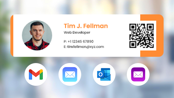 Email signature preview with QR code and icons for Gmail, Apple Mail, Outlook, and Yahoo