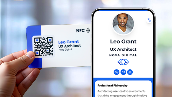 Hand holding NFC business card next to matching digital business card on phone