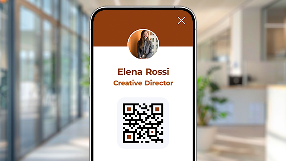 Smartphone screen showing digital business card with large QR code