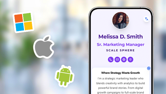 Digital business card displayed on smartphone with Windows, Apple, and Android icons