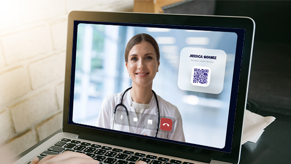 Doctor in video call with custom virtual background displaying QR code