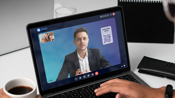 Man in Zoom meeting with branded virtual background and QR code