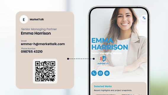 Digital business card with QR code linked to mobile profile on smartphone