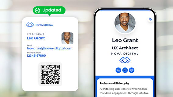 Digital business card marked updated with matching profile displayed on smartphone
